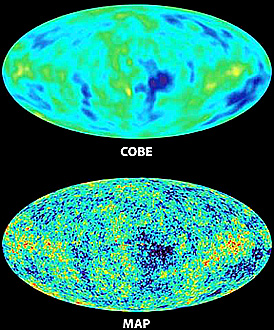 CBR radiation-derived temperatures as determined by COBE and by WMAP.